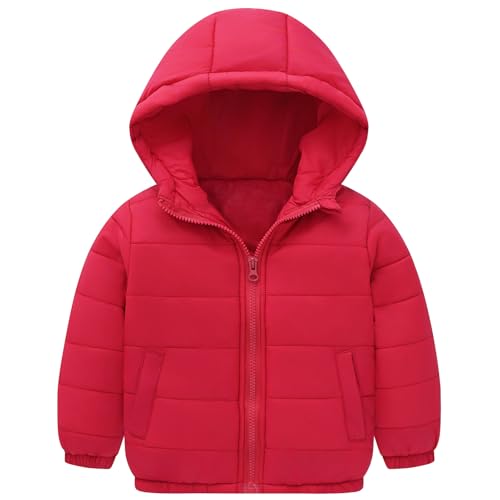 SXSHUN Chaqueta de invierno para niña, chaqueta acolchada ligera con capucha, abrigo cálido de invierno, rojo, 104-110