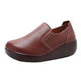 BOTRENT Women's Leather Platform Wedge Rocker Walking Shoes Wide Round Toe Slip-On Arch Support Lightweight Sneakers Comfortable Non-Slip Soft Bottom Fashion Mom Loafers (Brown,8)