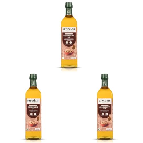 Image of Anveshan Wood Cold Pressed Groundnut Peanuts Oil 1L | Glass Bottle | Kolhu /Kacchi Ghani /Chekku | Peanut Oil | Natural | Chemical-Free | Cold Pressed Groundnut Oil for Cooking (Pack of 3)