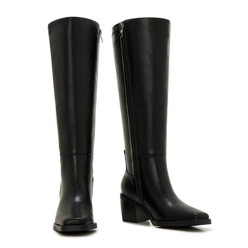 ZXHYZLZ Women's Black Wide Calf Knee High Boots – Plus Size Square Toe Low Heel Tall Boots with Side Zipper, Comfortable Fall Winter Footwear3