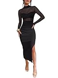 Caracilia Womens Mesh Dress Long Sleeve Mock Neck Bodycon Sheer Going Out Cocktail Night Club Midi Dresses 3 Piece Outfits Black