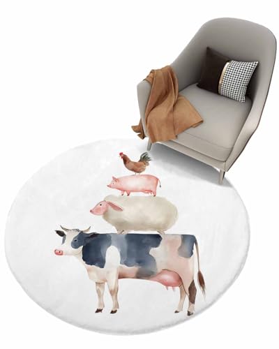 Greeeen Shag Area Rug, 3ft Indoor Round Area Rugs- Cow Pig Sheep Chicken Farmhouse Animal Pattern Shaggy Carpet Nursery Rug for Kids Baby Bedroom Living Room Home Decor