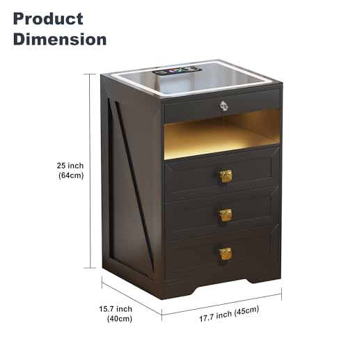 Lvifur LED Nightstand with Gun Drawer, Glass Top Bedside Table with Wireless Charging Station, LED Night Stand with Human Sensor Design, Modern End Table for Bedroom Living Room (Black) - Thumbnail 2