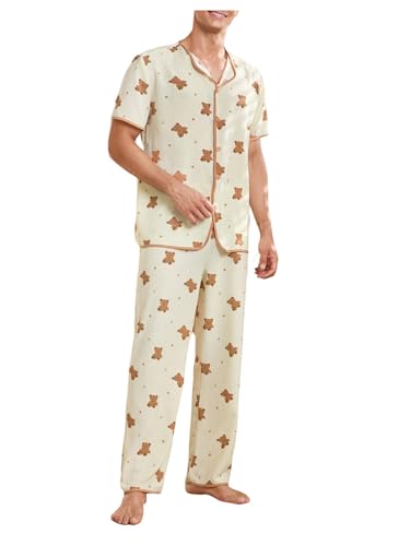 Men's 2 Piece Pajama Set Cartoon Bear Graphic Short Sleeve Button Down Shirt and Pants Pjs Sets Sleepwear Loungewear