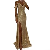 HEBEOT Robe Maxi Femme à Col Halter Paillettes Fendue Col en V Sans Manches Élégante Robe de Soirée pour Mariage et Occasions Formelles Noir Or Vert Rouge Rose (S Or)