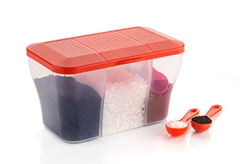 Image of HAPPI Multipurpose Plastic 3 In 1 Masala Box for Kitchen, Spice Boxes for Kitchen, Transparent Storage Containers, Grocery, Cereal, Dry Fruits Dabba 1100 Ml with 3 Spoons(Color May Vary)