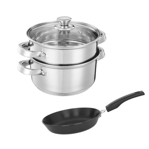 Image of Healthy Cooking Combo - Stainless Steel Steamer (2-Tier) & Induction-Base hard anodised Taper Frypan