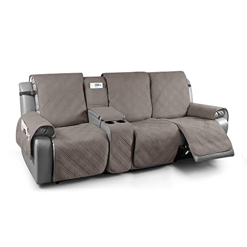 Image of TAOCOCO Waterproof Recliner Sofa Cover with Center Console, 3 Seater | Non Slip & Washable Reclining Couch Cover for Dogs & Pets, Split Reclining Chair Covers with Straps & Pockets, Light Brown