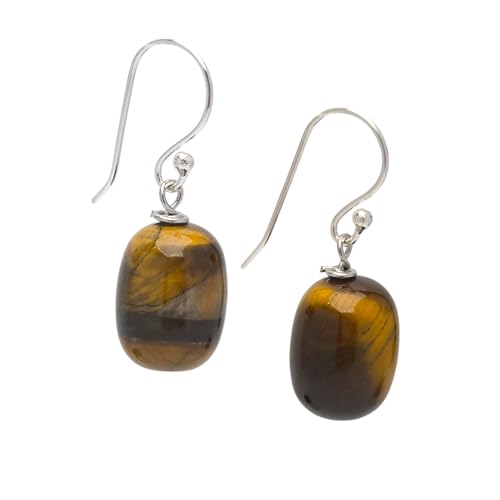 Image of TreasureBay Women's Handmade Natural Gemstone Sterling Silver Dangle Drop Beaded Earrings | Jewellery Gift for Women, Girls (Brown Tiger's eye)