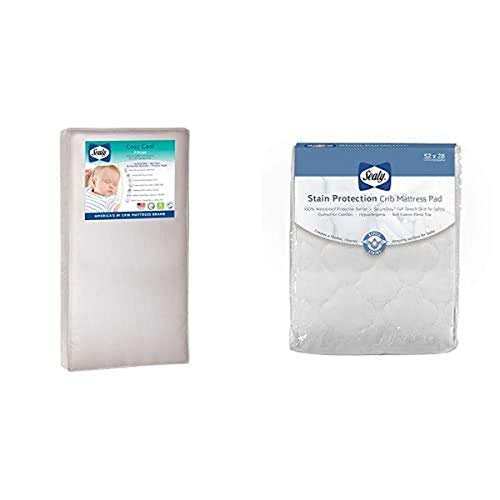 Image of Sealy Baby Cozy Cool Hybrid 2-Stage Dual Firmness Waterproof Standard Toddler & Baby Crib Mattress and Stain Protection Waterproof Fitted Crib Mattress Pad