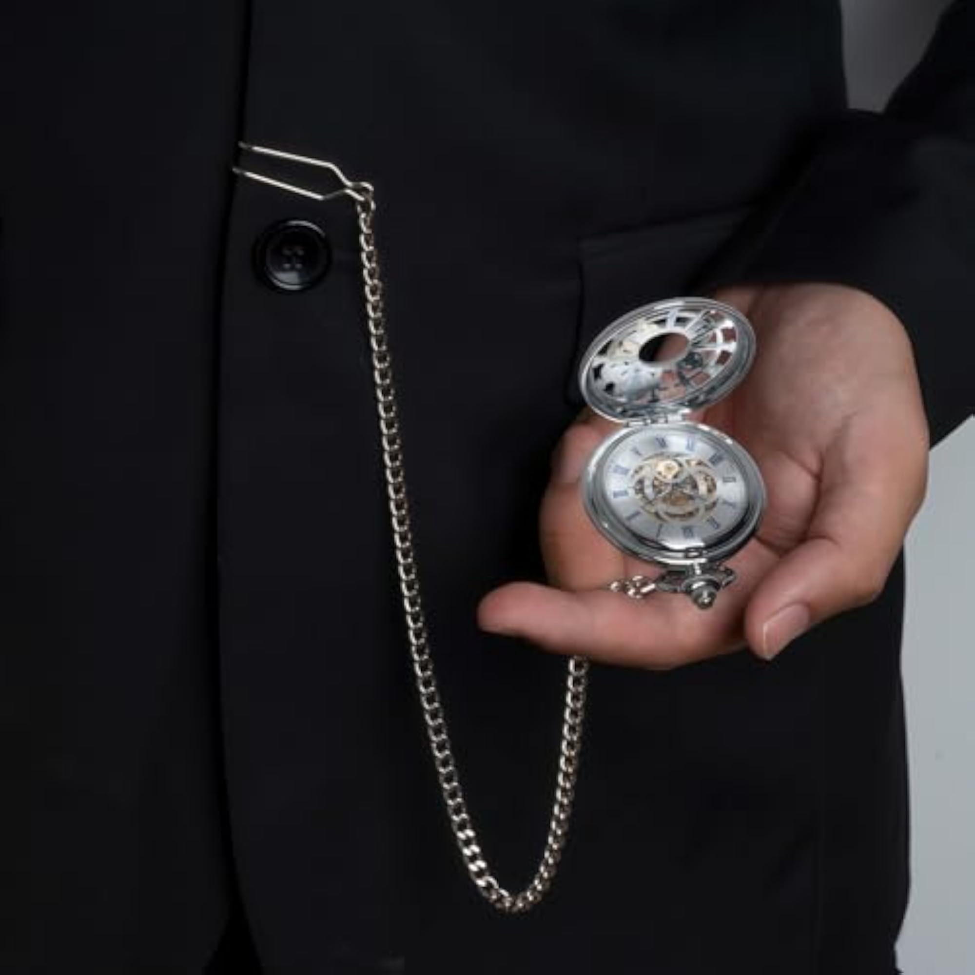 Steampunk Skeleton Mechanical Pocket Watch with Antique Chain