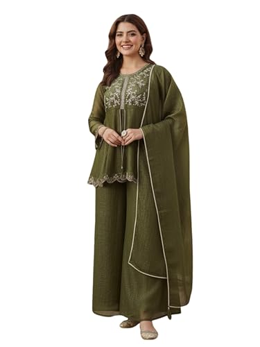 Image of MOKOSH Women's Silk Embroidered Peplum Kurta Sharara with Dupatta | Kurta Set | Ethnic Wear |Round Neck Full Sleeve Kurta | 3 Piece Outfit |Embroidered