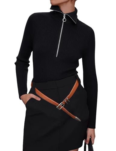 Prettywear Women's Quarter Zip Pullover Sweaters 2024 Long Sleeve Collared Slim Fit Ribbed Knit Business Casual Fall Top3