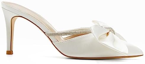 Coutgo Womens Bow Heels Mules Pointed Closed Toe Sandals Rhinestone Satin Backless Wedding Shoes - Image 5