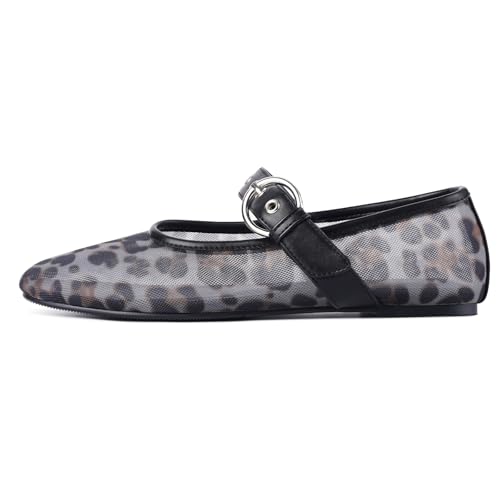Image of Gothictor Women's Mesh Ballet Flats Round Toe Leopard Mary Jane Shoes Women | Cushioned Comfort, Easy to Style, Buckle Strap, Cheetah Print, Ballerina, Breathable, Wide Width, Non-Slip, Dressy Casual