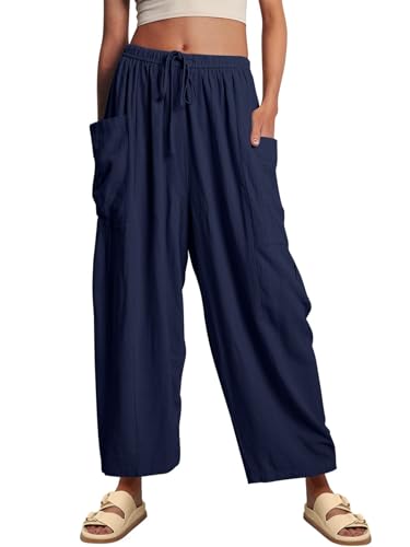 YKR Wide Leg Pants Woman Casual Loose Lightweigt Beach Palazzo Harem Pants Flowy Pants 2025 Navyblue S