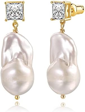 Besalon Baroque Pearl Drop Earrings Big Pearl Dangle Freshwater Cultured Pearls 14K Real Gold Plated Square CZ Stud Teardrop Shaped Pearl Earrings for Women Teen Girls Gifts 25-28MM Pearl