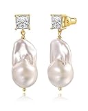 Besalon Baroque Pearl Drop Earrings Big Pearl Dangle Freshwater Cultured Pearls 14K Real Gold Plated