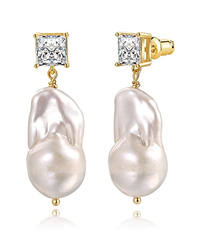 Besalon Baroque Pearl Drop Earrings Big Pearl Dangle Freshwater Cultured Pearls 14K Real Gold Plated Square Cz Stud Teardrop Shaped Pearl Earrings For Women Teen Girls Gifts 25-28Mm Pearl #TOP29