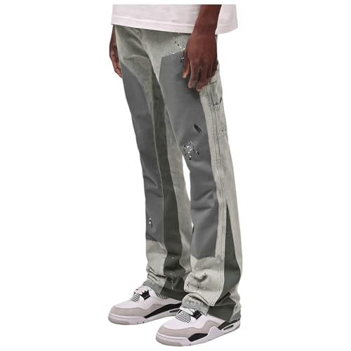 Mens Stacked Flared Jeans Y2k Distressed Streetwear Loose Fit Denim Pants Hip Hop Patch Jean