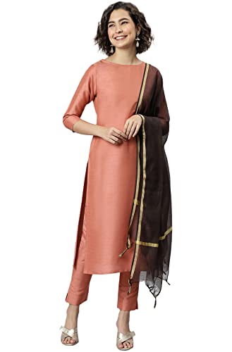 Janasya Women’s Peach Poly Silk Solid Kurta with Pant and Dupatta
