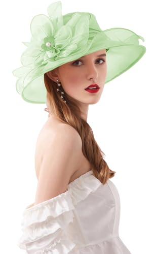 RZTA Women's Kentucky Church Dress Derby Hat Wide Brim Leaf Flower Bridal Shower Hat T1 Green
