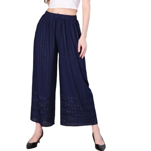 Image of VIVIKA Chikankari Palazzo Pants for Women |Rayon Wide Leg Ethnic Palazo with Embroidery | Comfortable Elastic Waist Women's Palazzo for Casual, Festive & Office Wear
