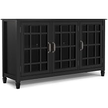 SIMPLIHOME Connaught Storage Cabinet - 60 inch Wide Solid Wood Buffet in Black, Traditional Sideboard for Dining Room, Entryway, or Living Room with Glass Doors, Adjustable Shelves, and Notched Legs