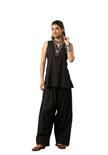 Image of REAM Women's Cotton Sleeveless Kurti and Farshi Salwar Set, Black, Ethnic Wear, Casual and Festive
