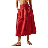 Sutusu Women Y2k Bubble Maxi Skirt Summer Elastic Low Waist A Line Long Skirt Casual Fairy Ruffle Pleated Midi Dress Red, Small