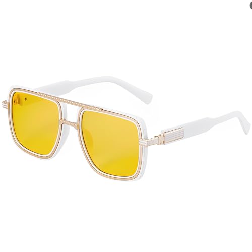 Vintage Square Night Vision blue light blocking Glasses - White Frame & Gold Accents Sunglasses with Yellow Lenses, Enhanced Contrast & UV Protection for Outdoor Activities