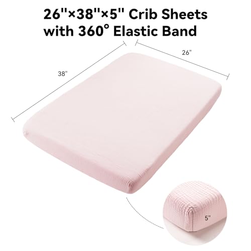 Image of TILLYOU Muslin Mini Crib Sheets 2 Pack, Pack and Play Mattress Sheets Fitted for Pack N Play, 38 x 26 Sheet for Toddler, Grey and Pink