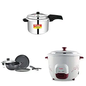 Prestige Svachh Deluxe Alpha 6.5ltr Outer Lid Pressure Cooker&Prestige Omega Select Plus Residue Free Non-Stick , 3-Pieces&Prestige PRWO 1.8 Liters Red Colour Rice Cooker