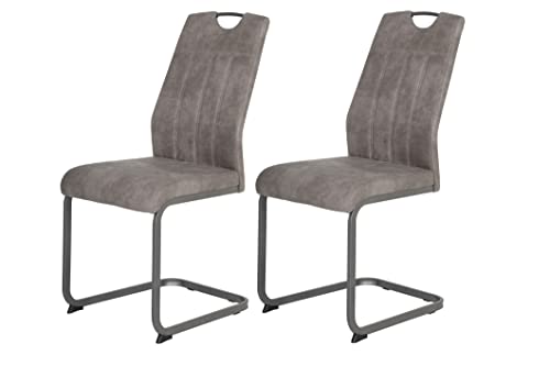 Hela Tische, 2er Set Esszimmerstuhl, Schwingstuhl CHRISTINA, Microfaser Vintage-Optik Grau, Metallgestell Grau, Lehne mit Griff