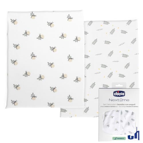 Chicco Ensemble de Draps en Fibre de Bambou, Lot de 2 draps-Housses pour Berceau, Compatible avec Les Matelas 50x83 cm, Fantaisie avec des Feuilles et Escargot,...