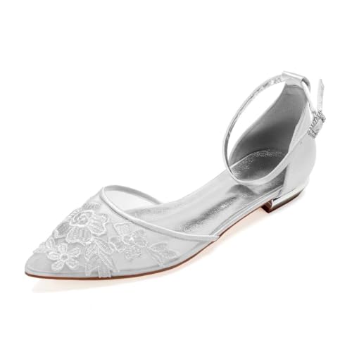 Image of Mesh Appliques Wedding Flats for Bride Pointed Toe Tie up Bridesmaids Shoes