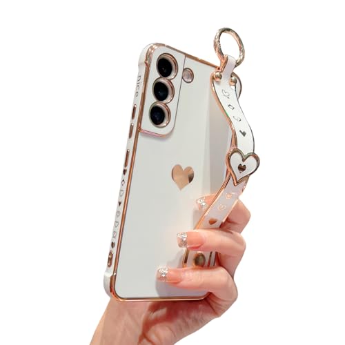 DEFBSC Case for Samsung Galaxy S22 Plus with Wrist Strap, Cute Side Love Heart Plating Edge with Wristband Finger Holder Stand Shockproof Soft TPU Back Phone Cover, White