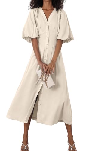 Image of chouyatou Women Summer Puff Sleeve Button Down Shirt Dress Flowy Elegant Business Casual Midi Long Dress