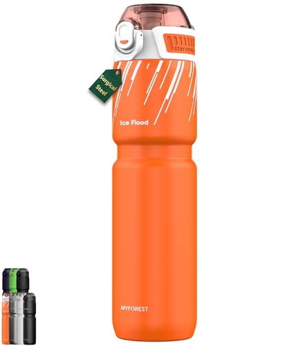 MYFOREST 700 ml Botella térmica para bicicleta, Acero quirúrgico: Sin sabor a plástico, Agarre más firme para MTB y Grava, Pico 2 en 1, Cubierta de suciedad, Antiarañazos (Naranja energético)