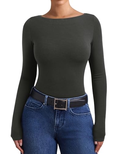 PINKMSTYLE Womens Long Sleeve Boatneck Tops Basic Business Casual Top Fall Shirts Army Green Large — view 3