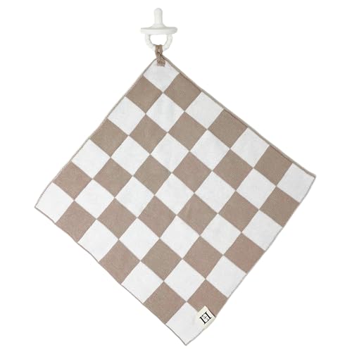 L+L USA 100% Organic Cotton Baby Lovey – Soft Breathable Knit Security Blanket with Pacifier Holder Loop – Neutral Checkered Comfort Blanket for Babies & Toddlers – Tan/White