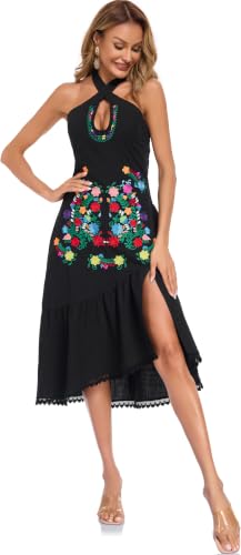 Image of Womens Mexican Floral Embroidered Halter Maxi Dress Side Slit Boho Dress