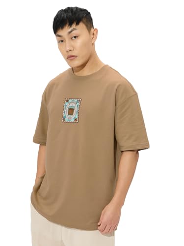 Image of The Souled Store Chai Stamp Men and Boys Short Sleeves Round Neck Brown Graphic Printed Cotton Oversized T-Shirts