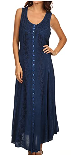 Image of Sakkas Maya Floral Embroidered Sleeveless Button Up Rayon Dress