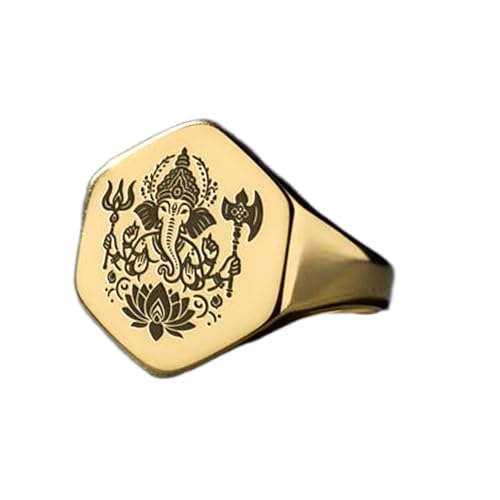 Bague Ganesh hexagonale en argent 925 plaqué or massif