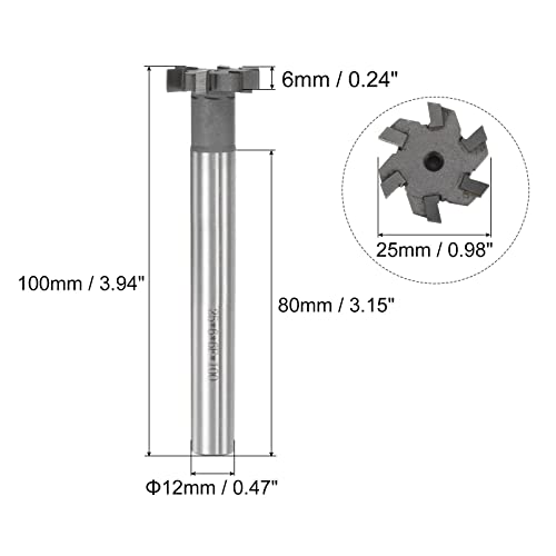 Uxcell A22022400UX0580 T-Slot Milling Cutters, 6Mm Depth 25Mm Cutting Dia 12Mm Shank Tungsten Carbide Tip 6 Flutes T Slot End Mill thumb #1
