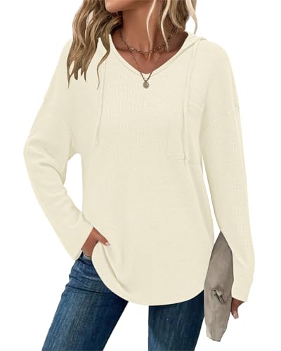 WNEEDU Long Sleeve Hooded Tunic Top for Women Fall Fashion Outfits with Chest Pocket - Soft,Comfort,Casual,Beige,XL