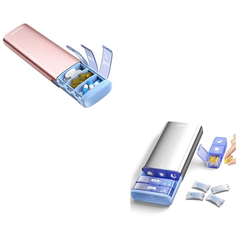 Vaydeer Pill Organizer Bundle (2-Pack) – Compact Metal Travel Pill Organizer (No Dividers, Rose Gold) + Large Weekly Pill Organizer 3 Times a Day (Morning/Noon/Night, Silver)