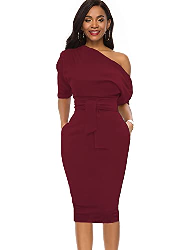 Image of Nature Comfy Elegant Womens Wear to Work One Shoulder Belted Pencil Dress