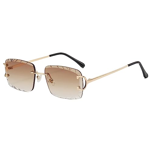 kachawoo Rahmenlose Rechteck Sonnenbrille Randlose Sonnenbrille mit gravierten Kanten Braun Blau Grau Sonnenschirme Unisex (gold with brown)